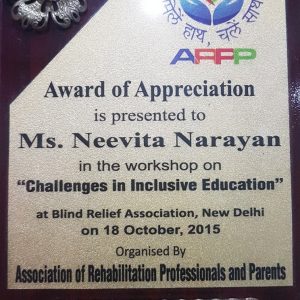 Award Appreciation presented Ms. Neevita Narayan Association Rehabilitation Pressionals Parents