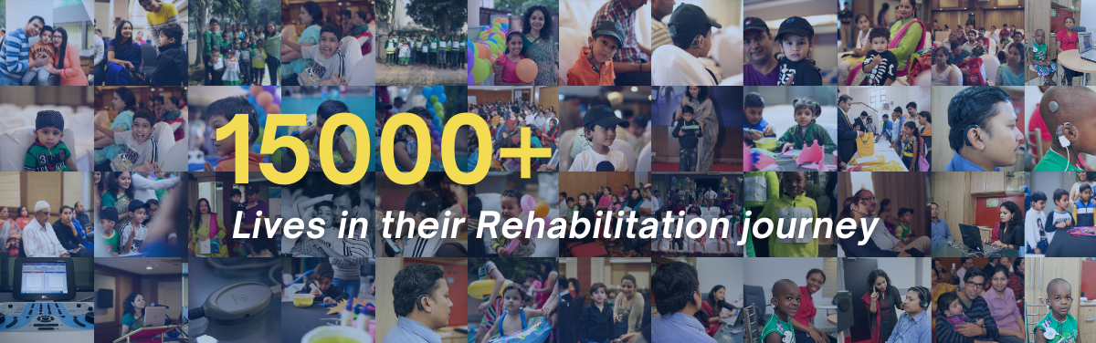 15000-Lives-in-their-Rehabilitation-journey-SpHear Clinic | SpHear Speech and Hearing Clinics Delhi collage of diverse children and families in rehabilitation programs highlighting the impact of 15000+ lives on their journey text 15000+ and lives in their rehabilitation journey